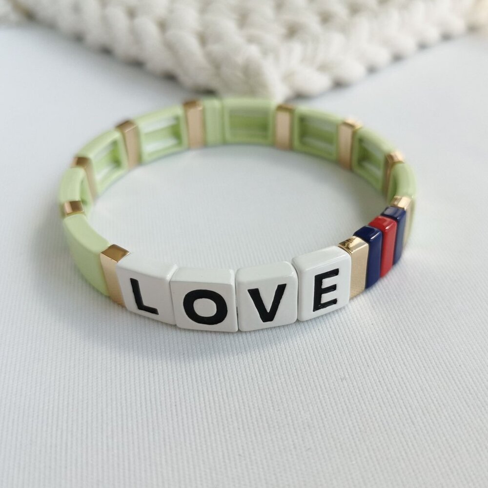 Roxanne Assoulin Just Say Love Gold Light Green Enamel Stretch Bracelet